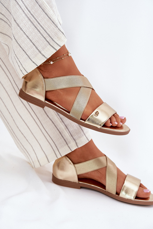 Sandały Damskie Płaskie Z Elastycznymi Paskami Złote Marinea