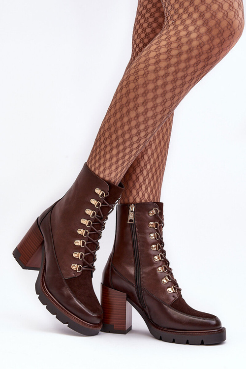 Masywne Sznurowane Botki Na Słupku Brązowe Lathia