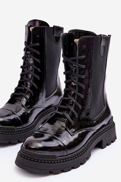 Skórzane Damskie Botki Workery Sznurowane Czarne Nicole 2836