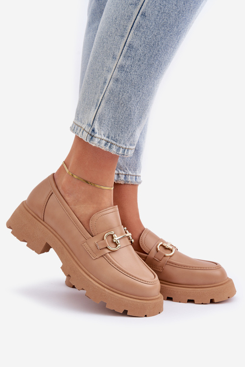 Mokasyny Damskie Ze Złotym Detalem Beżowe Ferietta