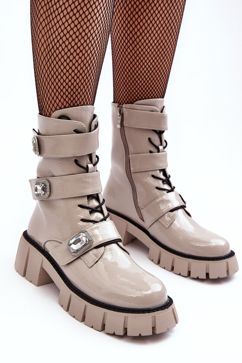 Workery Botki Damskie Lakierowane Jasnoszare S.Barski MR870-61