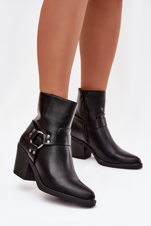 Ocieplane Botki Damskie Na Słupku Z Ozdobnym Elementem Czarne Jurelle