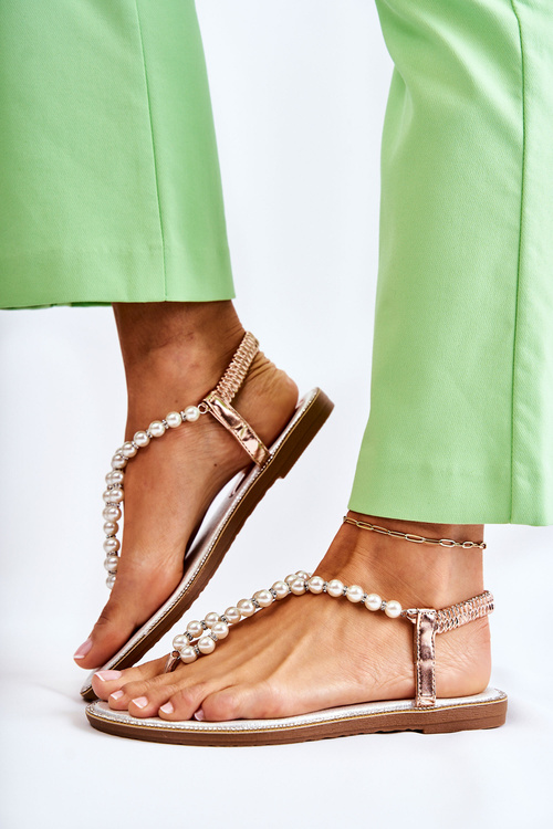 Modne Sandały Japonki Z Perłami Różowe Złoto Isalia