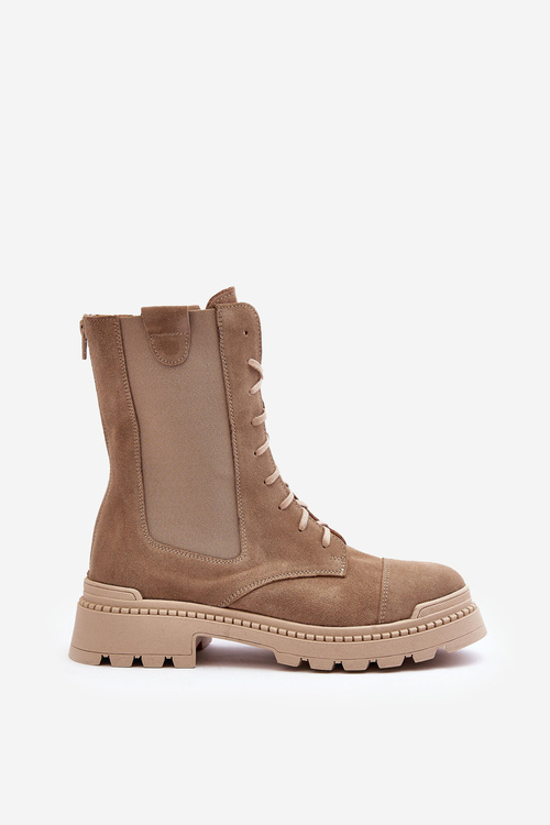 Zamszowe Damskie Botki Workery Sznurowane Beżowe Nicole 2836