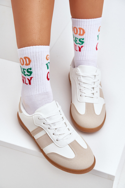 Niskie Sneakersy Damskie Z Eko Skóry Beżowo-Białe Nonalorin