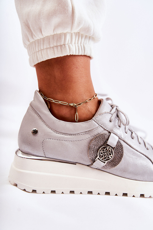 Skórzane Buty Sportowe Na Koturnie Maciejka 05492-11 Srebrne