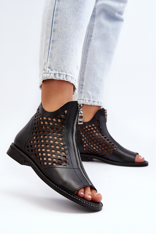 Zazoo 977/L Skórzane Ażurowe Sandały Na Zamek Czarne