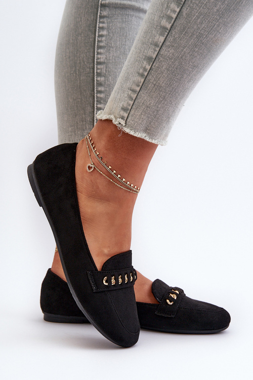 Błyszczące Mokasyny Damskie Z Łańcuchem Czarne Aredilla