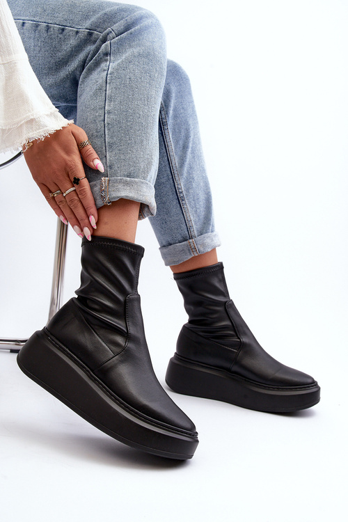 Zazoo 3395 Skórzane Botki Damskie Na Masywnej Platformie Czarne