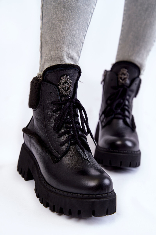 Damskie Skórzane Trapery Botki Czarne Lemar Vergo