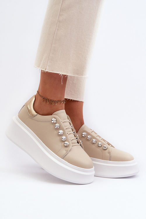 Skórzane Sneakersy Damskie Na Masywnej Platformie Beżowe S.Barski LR628