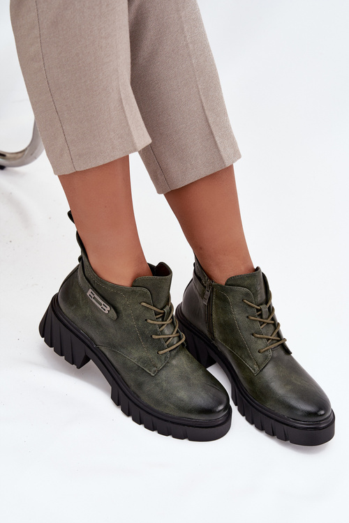 Niskie Ocieplane Botki Damskie Na Klocku Z Ozdobnym Paskiem Ciemnozielone Therisse