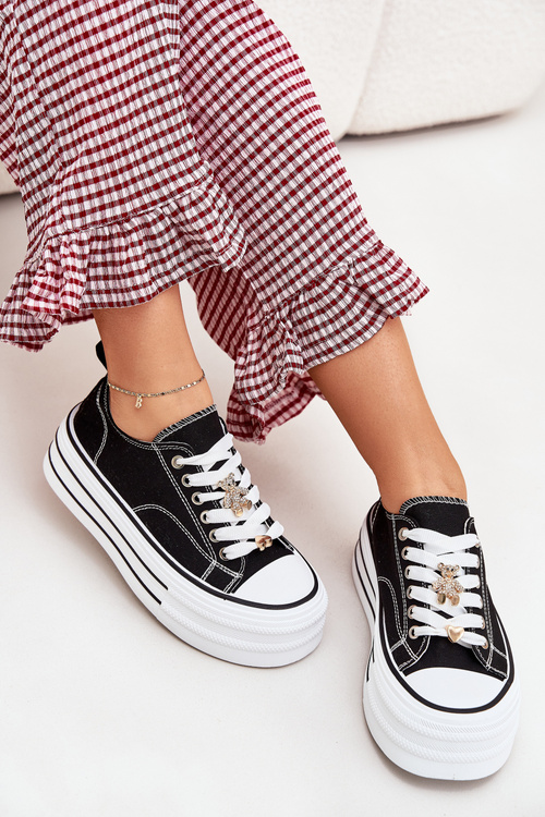 Trampki Damskie Na Platformie Ze Złotymi Przypinkami Czarne Fiorina