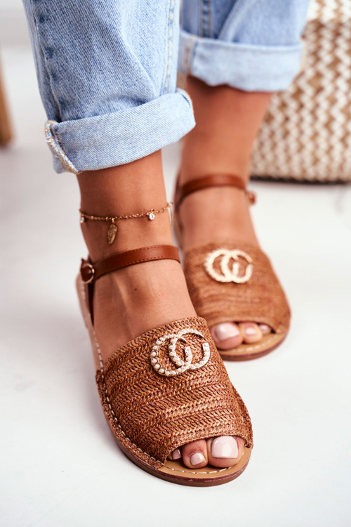 Brązowe Damskie Płaskie Sandałki Lu Boo Plecione Felicia