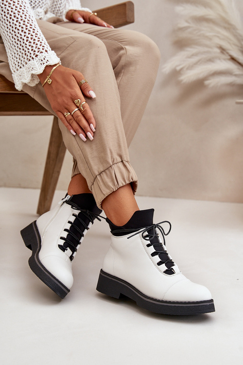 Botki Damskie Ocieplane Z Niską Cholewką Eko Skórzane Białe