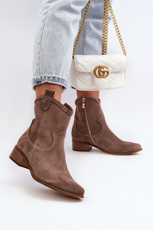 Zazoo 3329 Zamszowe Botki Kowbojki Na Niskim Obcasie Ciemnobeżowe