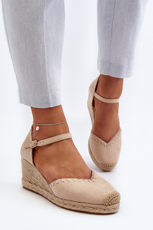 Zamszowe Sandały Espadryle Na Koturnie Z Plecionką Beżowe Raylin