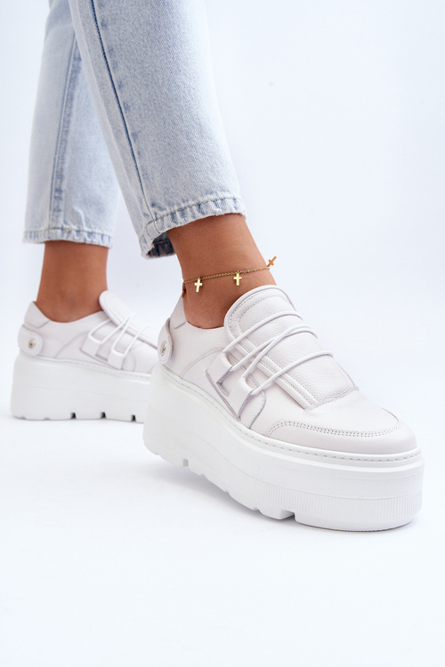 Zazoo 1833 Sneakersy Damskie Skórzane Na Masywnej Podeszwie Białe