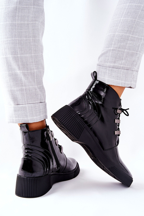 Botki Workery Lakierowane Na Suwak Czarne Vica