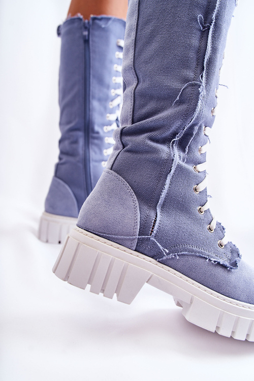 Wysokie Wiązane Kozaki Trapery Niebieskie Kayra