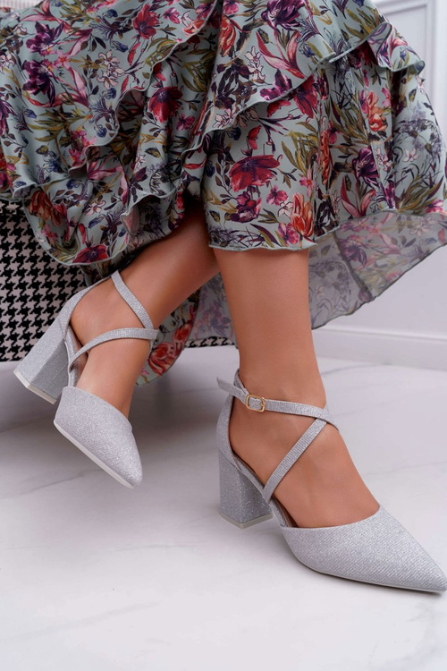 Czółenka Damskie Na Słupku Brokatowe Srebrne Perset