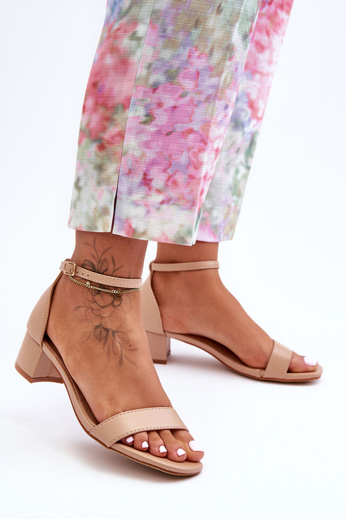 Skórzane Sandałki Na Obcasie Gładkie Beżowe Inspire Me!