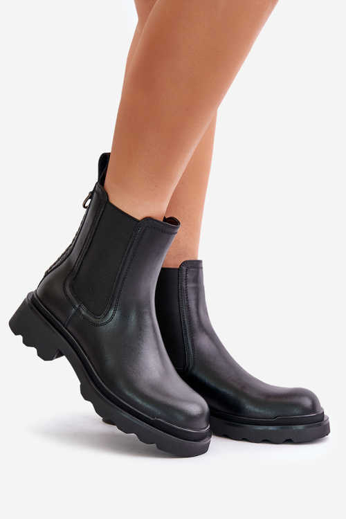 Skórzane Botki Sztyblety Z Ozdobnym Łańcuchem Ocieplane D&A JC42-86 Czarne