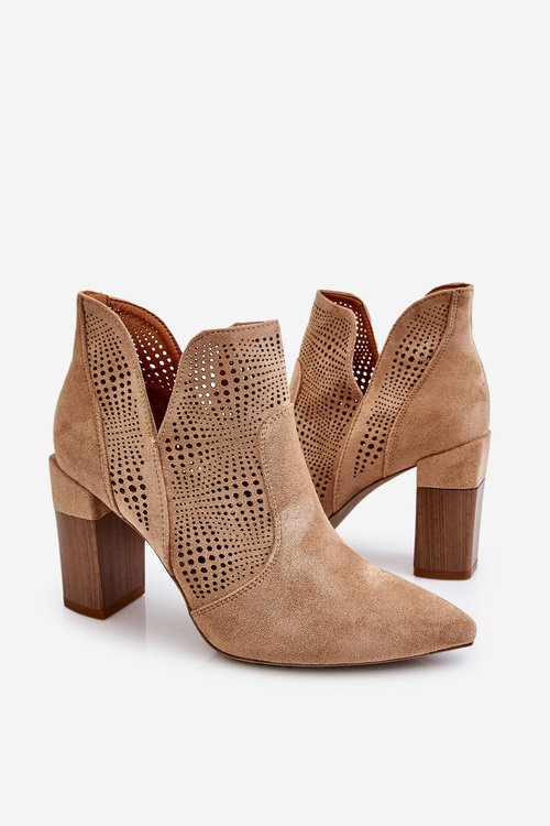 Ażurowe Zamszowe Botki Na Obcasie Beżowe Leanna