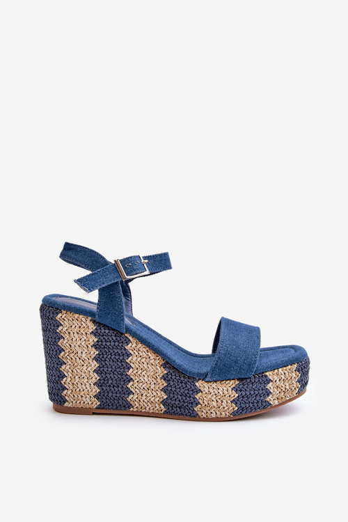 Jeansowe Sandały Damskie Na Koturnie Z Plecionką Niebieskie Reviala