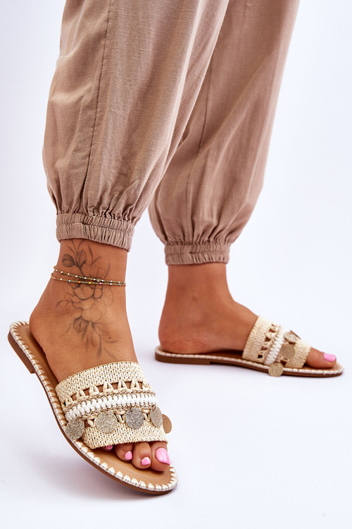 Damskie Plecione Zdobione Klapki Beżowe Millano