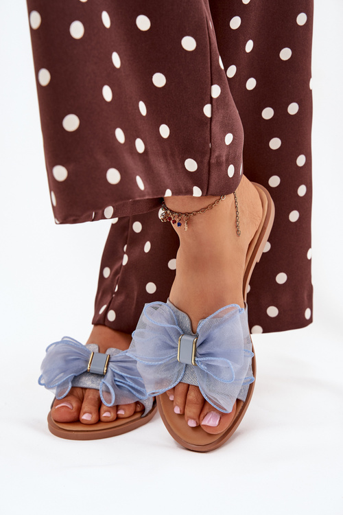 Klapki Damskie Na Płaskim Obcasie Z Tiulową Kokardą Jeansowe Tanira