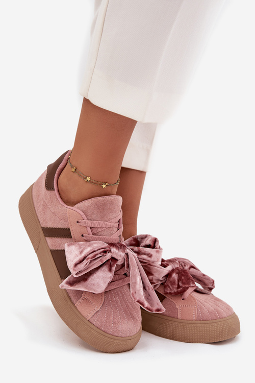 Sneakersy Damskie Z Welurową Kokardą Różowe Ashlyn