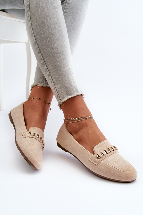 Błyszczące Mokasyny Damskie Z Łańcuchem Beżowe Aredilla