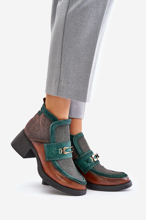 Skórzane Botki Damskie Na Masywnym Obcasie Z Ozdobą Maciejka 06747-29 Brązowo-Zielone