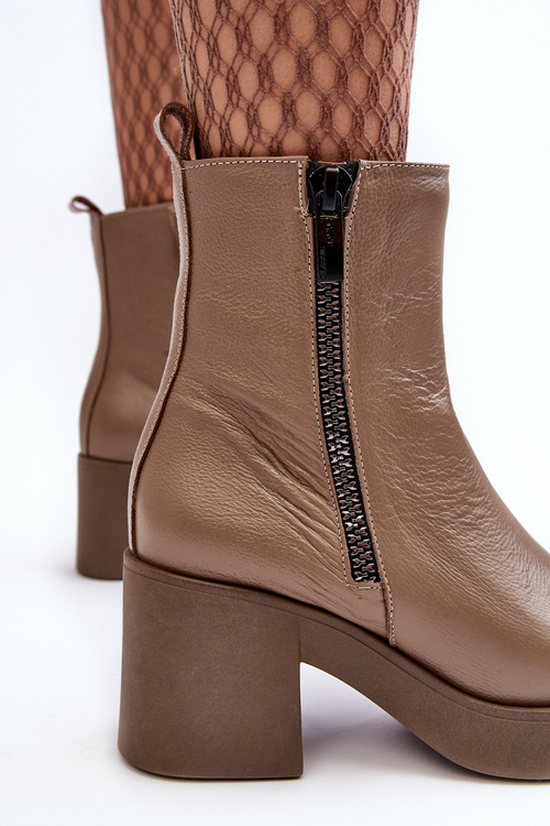 Botki Skórzane Na Masywnym Obcasie Z Suwakami Ciemnobeżowe Lemar Littosa