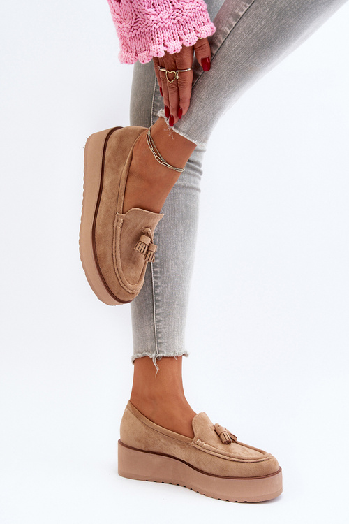 Mokasyny Damskie Na Platformie Z Frędzlami Brązowe Mialani