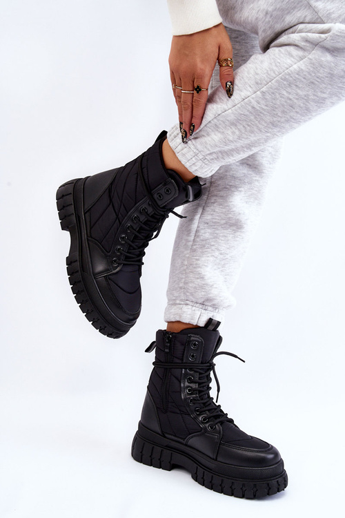 Damskie Botki Z Ociepleniem Sznurowane Czarne Ariadna