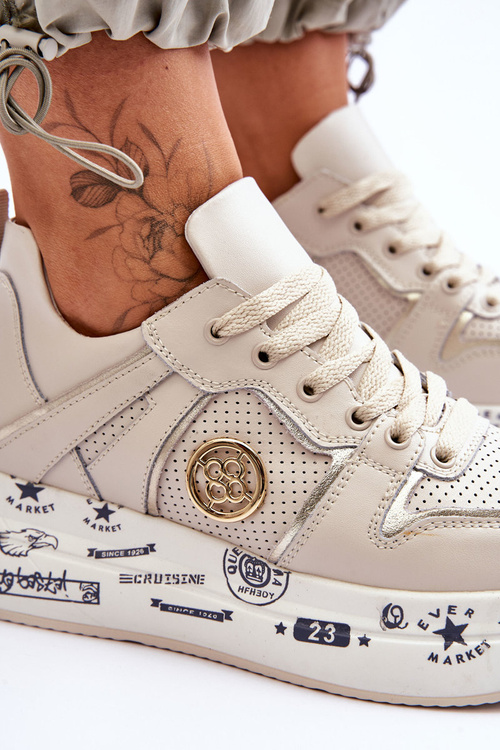 Damskie Skórzane Sneakersy Na Masywnej Platformie Beżowe Asturia
