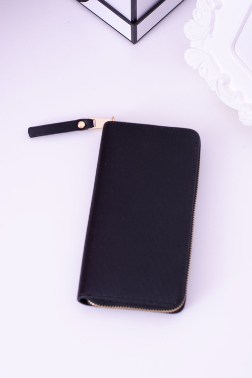 Duży Damski Prążkowany Czarny Portfel Złote Okucia