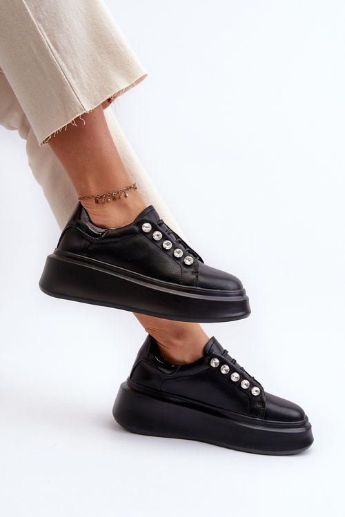 Skórzane Sneakersy Damskie Na Masywnej Platformie Czarne S.Barski LR628