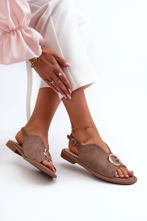 Eleganckie Sandały Damskie Z Ozdobą Eko Zamszowe S.Barski KV27-058 Brązowe