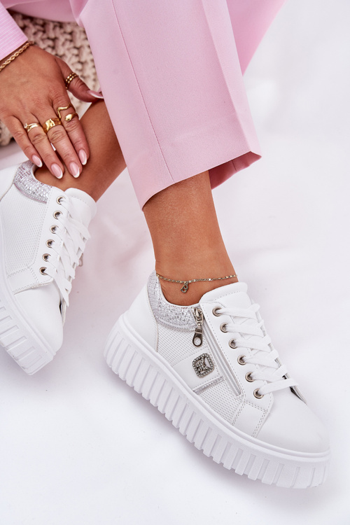 Buty Sportowe Damskie Na Platformie Z Eko Skóry Białe Velionna