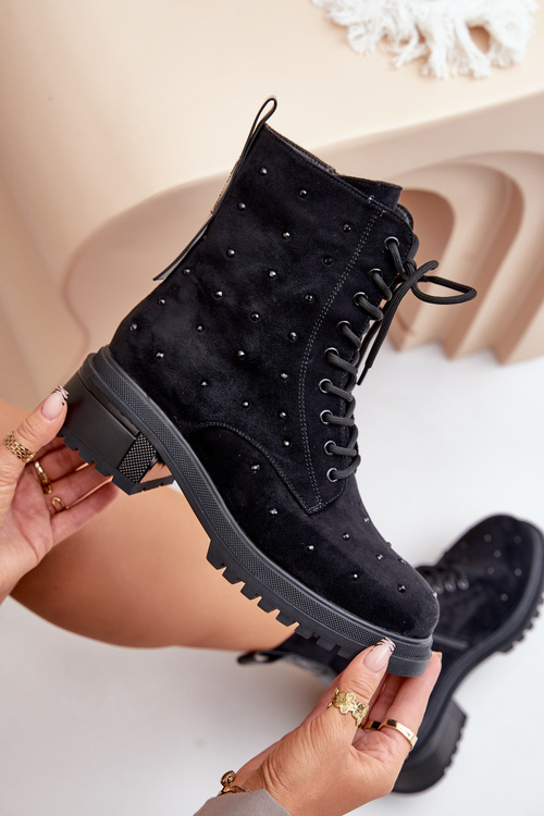 Zdobione Botki Workery Damskie Ocieplane D&A MR880-017 Czarne