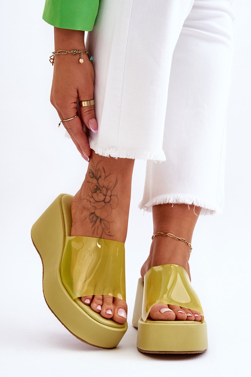 Damskie Transparentne Klapki Na Koturnie Jasnozielone Eliane