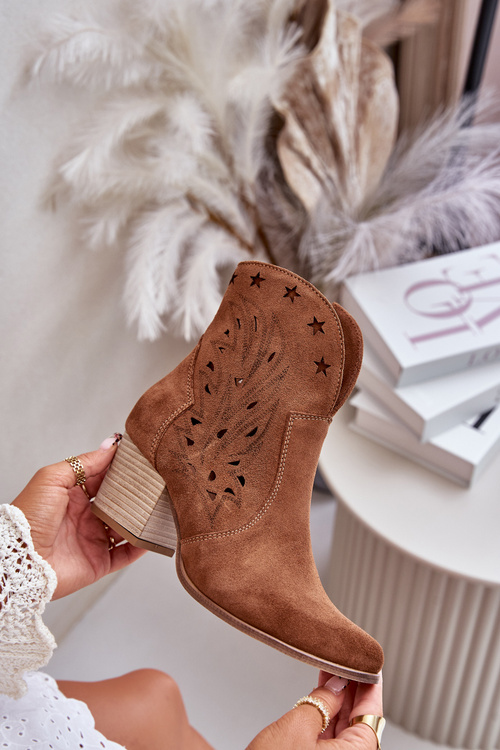 Ażurowe Botki Kowbojki Zamszowe Na Słupku Lewski 3613 Brązowe
