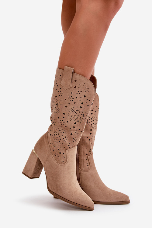 Ażurowe Botki Damskie Na Słupku Z Noskami W Szpic Eko Zamszowe Ciemnobeżowe Nevithra