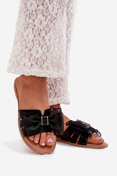 Klapki Damskie Na Płaskim Obcasie Z Tiulową Kokardą Czarne Tanira