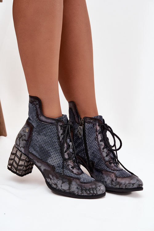 Skórzane Botki Damskie Na Słupku Maciejka 06989-03 Szare