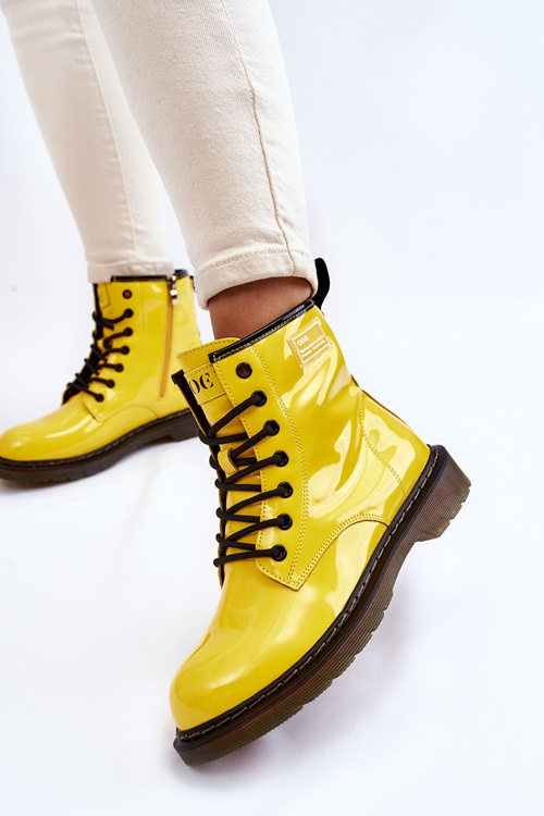 Damskie Lakierowane Botki Ocieplane GOE II2N4054 Żółte