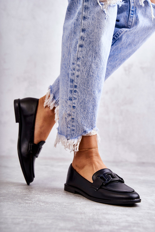 Damskie Skórzane Mokasyny Z Ozdobą Czarne Kerrie